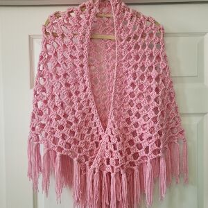 Pink Crochet Shawl with Metallic Silver Threads And Fringe